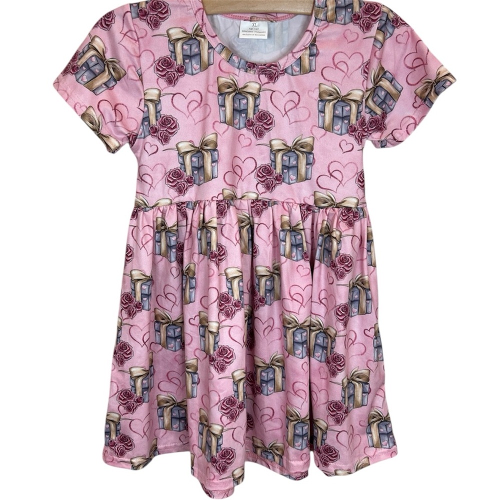 Girls Pink Gift & Roses Print Dress Size XL (5–6T) NWOT
